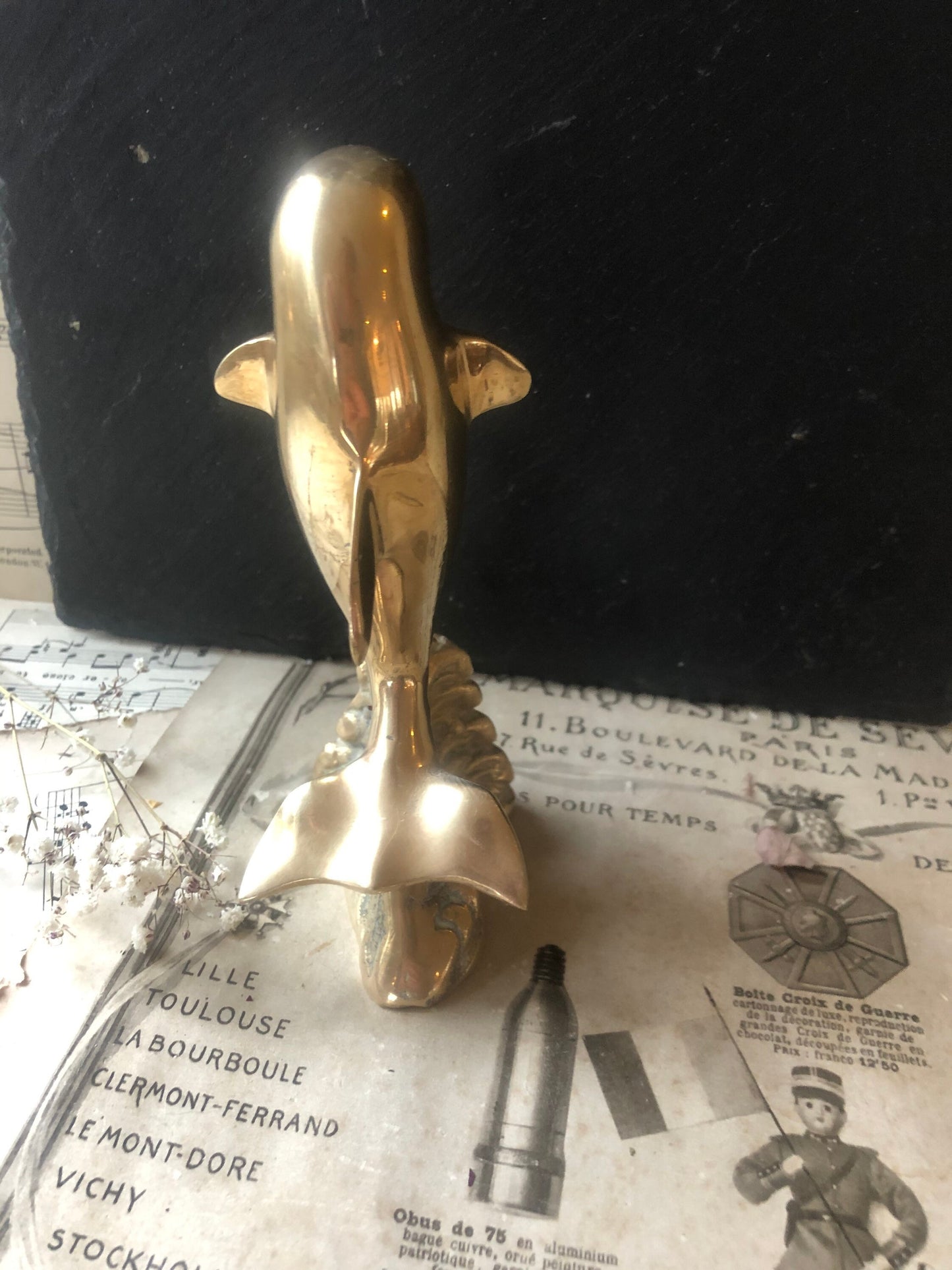 Vintage Brass Model of a Leaping Dolphin Riding a Wave