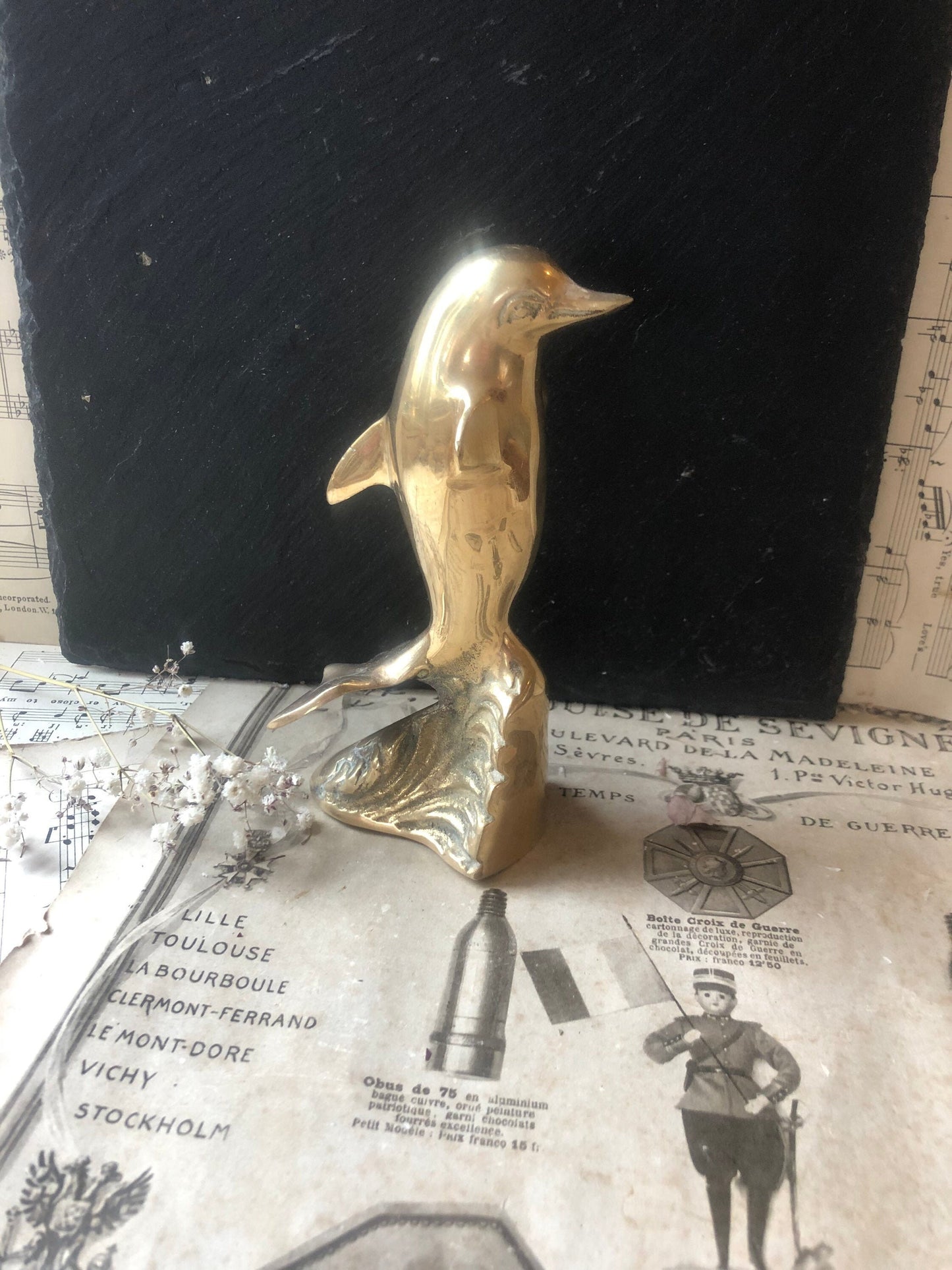 Vintage Brass Model of a Leaping Dolphin Riding a Wave