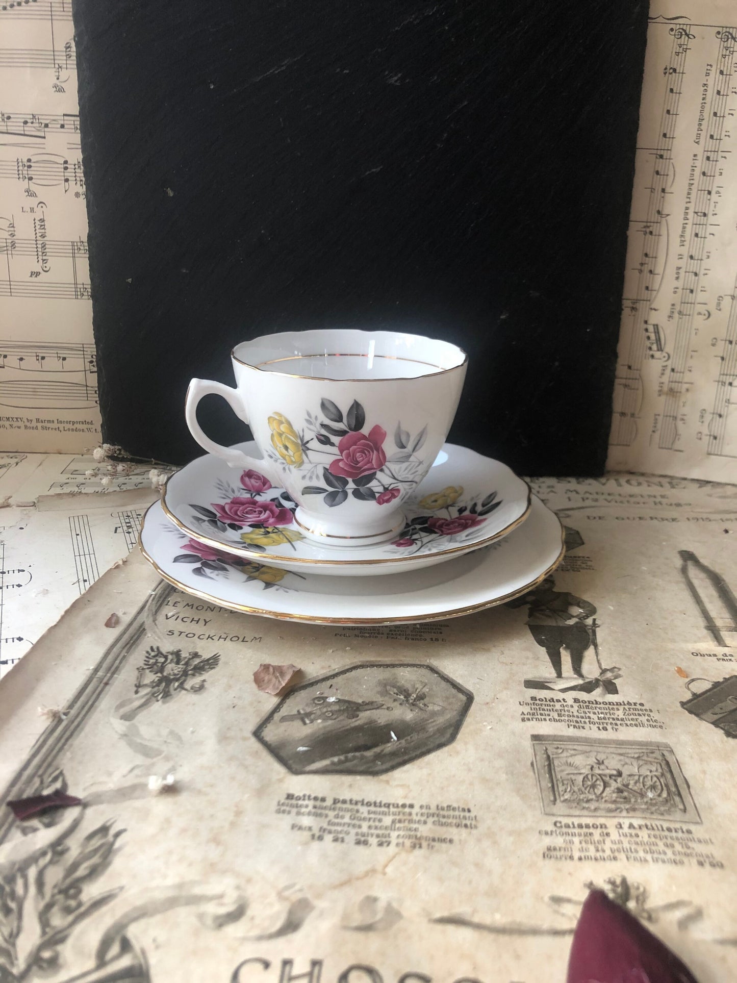 Tea Trio - Royal Vale Pink and Yellow Roses Vintage Bone China Tea Cup,  Saucer and Cake Plate made by Ridgway in England