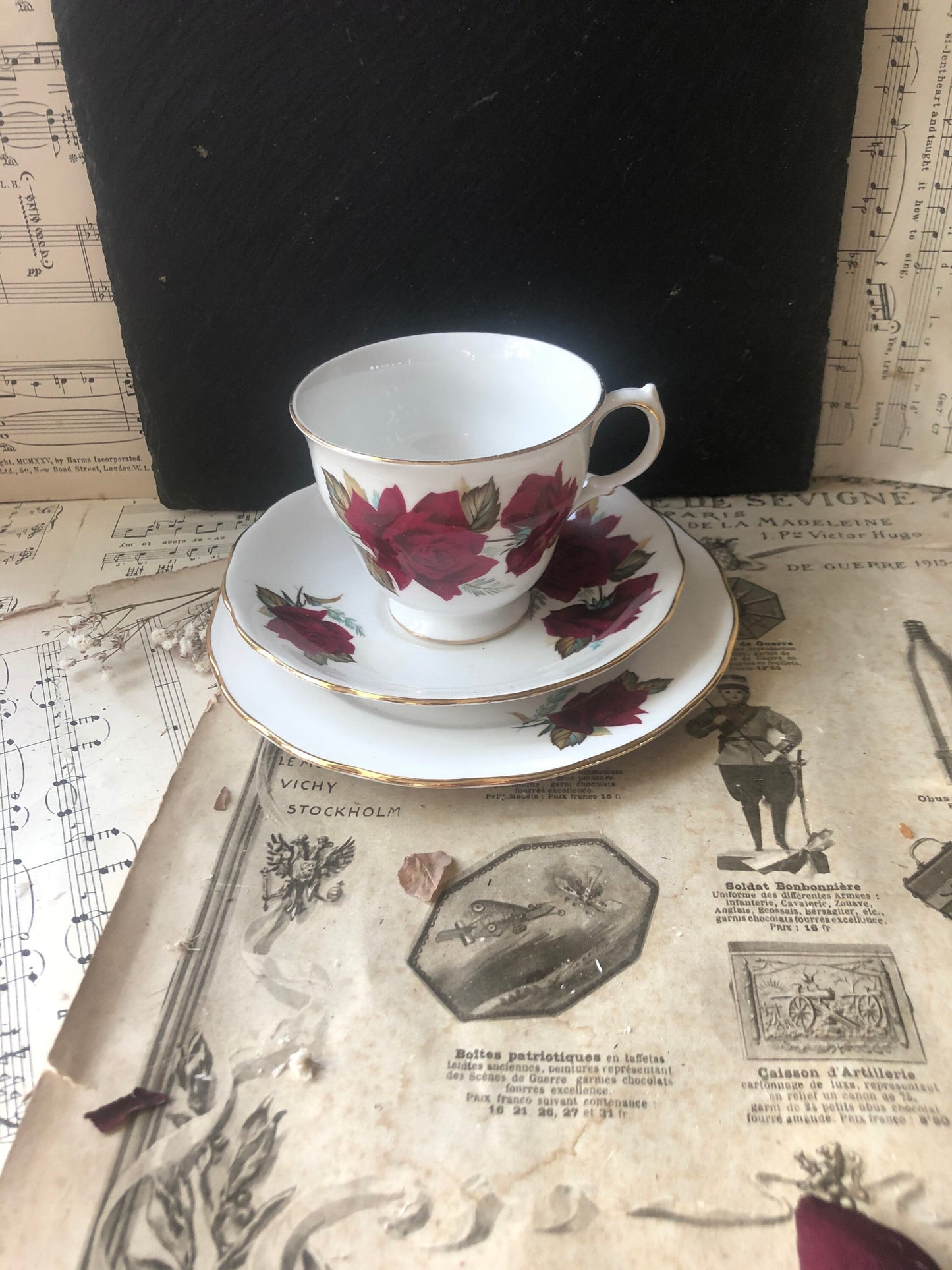 Tea Trio - Royal Vale Red Roses Gilt Edged Cup, Saucer and Cake Plate / English Bone China by Ridgway Potteries