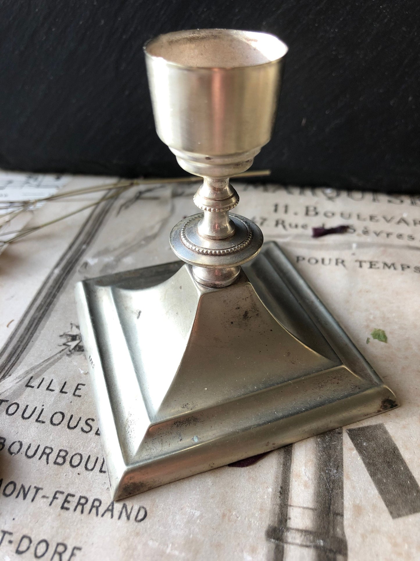 Vintage Silver Plate Square Base Single Candlestick / Candle Holder / Aged Silver Plate / Art Deco