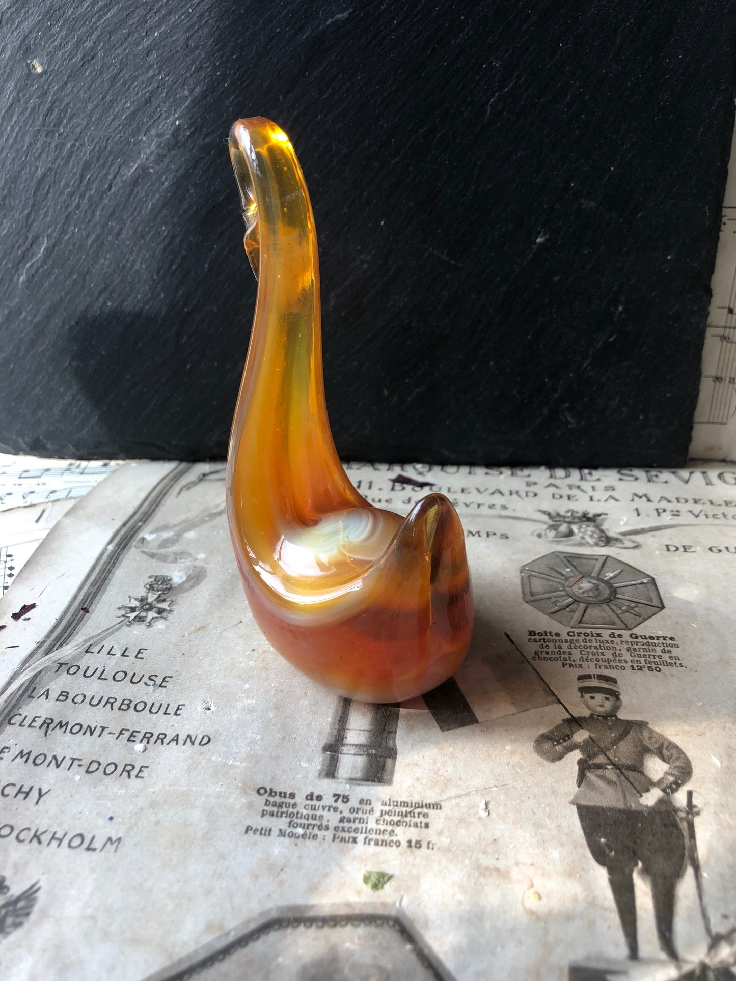 Vintage Swan Glass Paperweight / Hand Made / Hand Blown / Art Glass Ornament / Amber