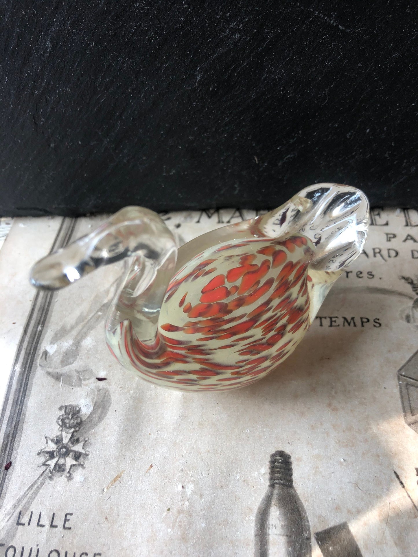 Vintage Swan Glass Paperweight / Hand Made / Hand Blown / Art Glass Ornament / Clear / White / Orange