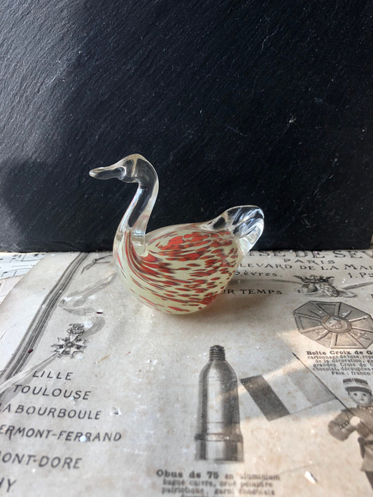 Vintage Swan Glass Paperweight / Hand Made / Hand Blown / Art Glass Ornament / Clear / White / Orange