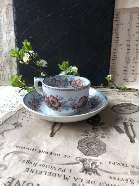 Rose Border Antique Tea Cup and Saucer