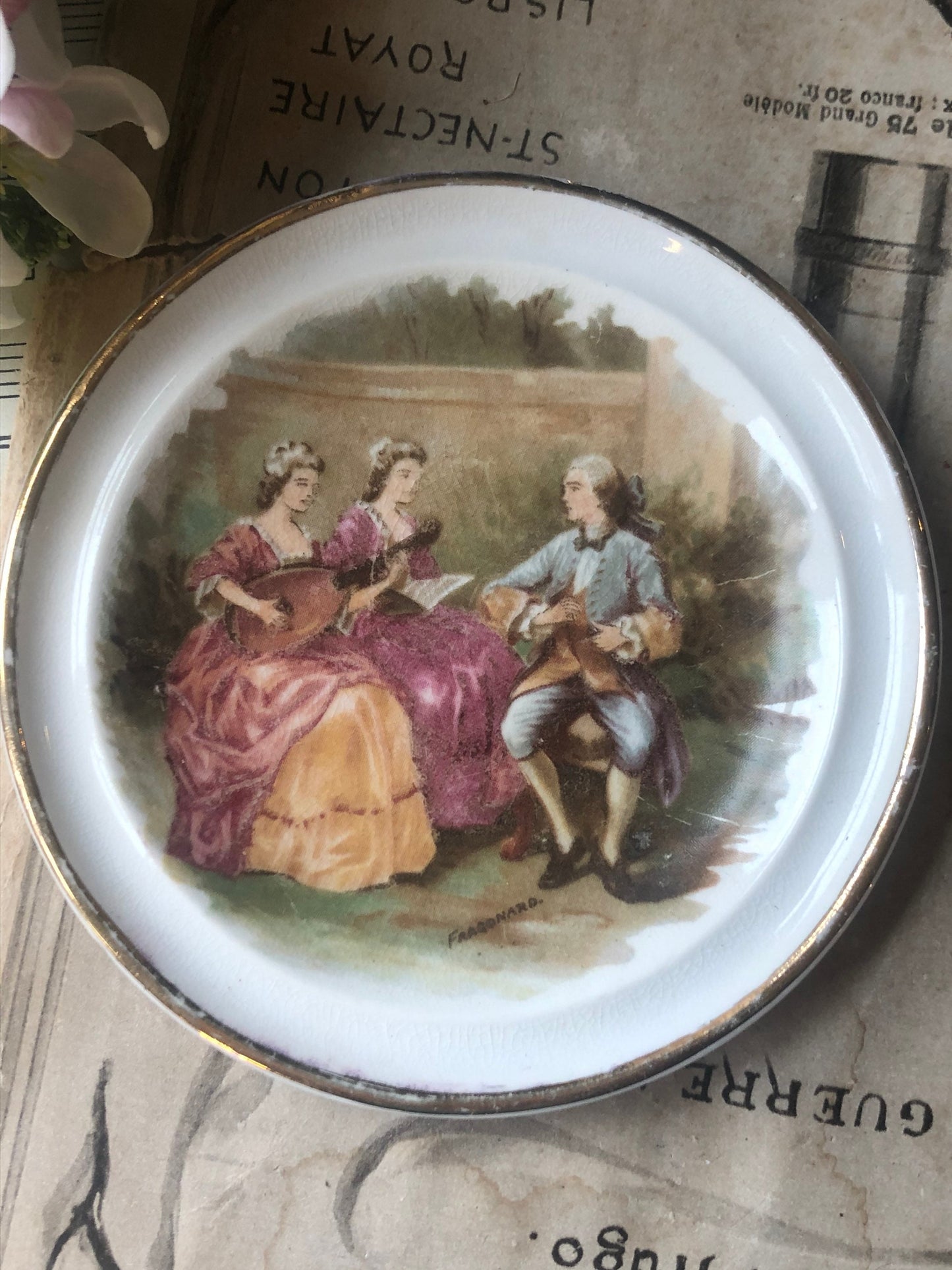 E Handley Bone China Trinket Dish with Fragonard Scene and Gilt Rim