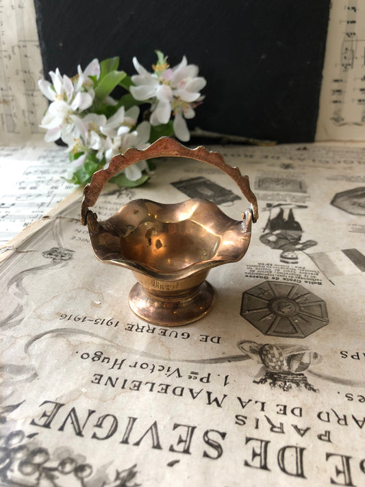 Tiny Vintage Brass Bonbon Basket with Folding Hande