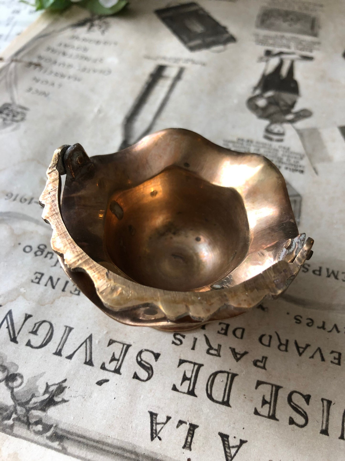 Tiny Vintage Brass Bonbon Basket with Folding Hande