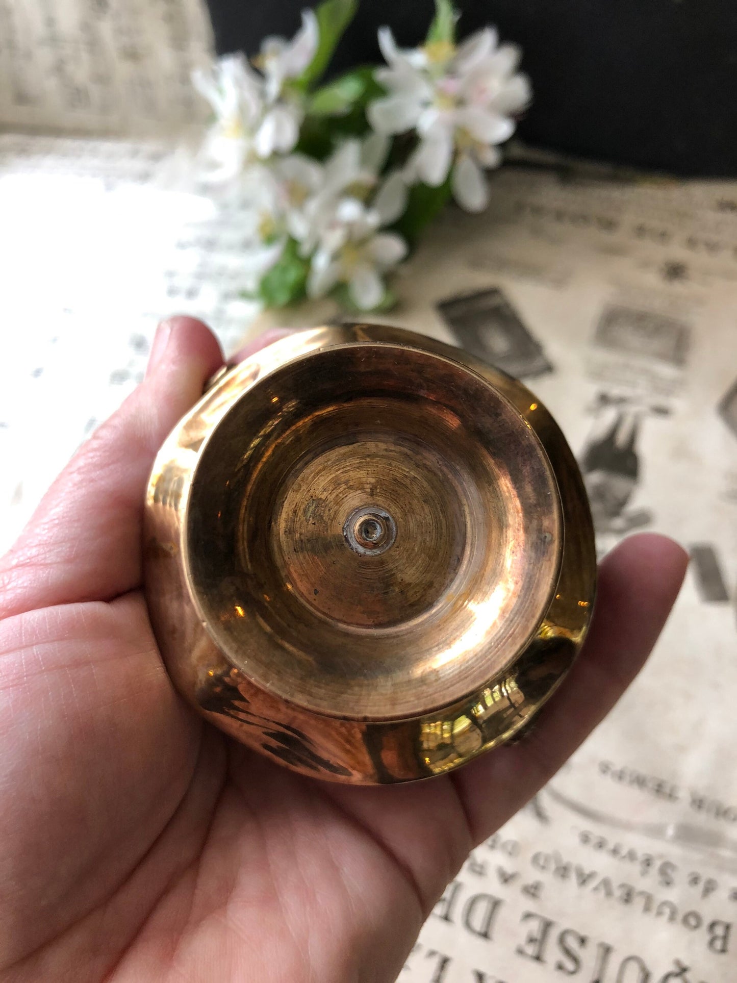 Tiny Vintage Brass Bonbon Basket with Folding Hande