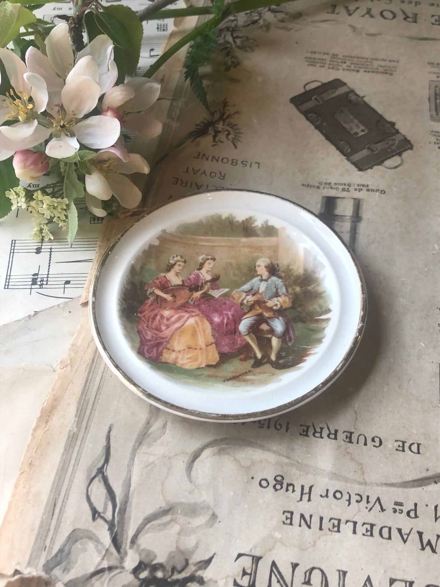 E Handley Bone China Trinket Dish with Fragonard Scene and Gilt Rim