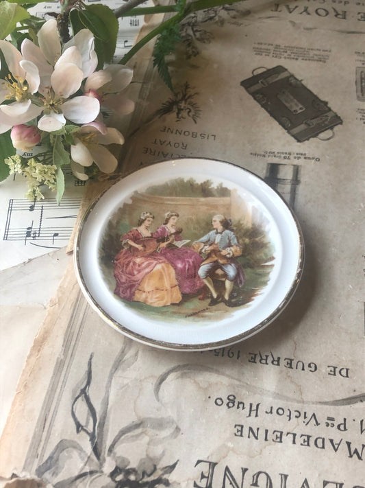 E Handley Bone China Trinket Dish with Fragonard Scene and Gilt Rim