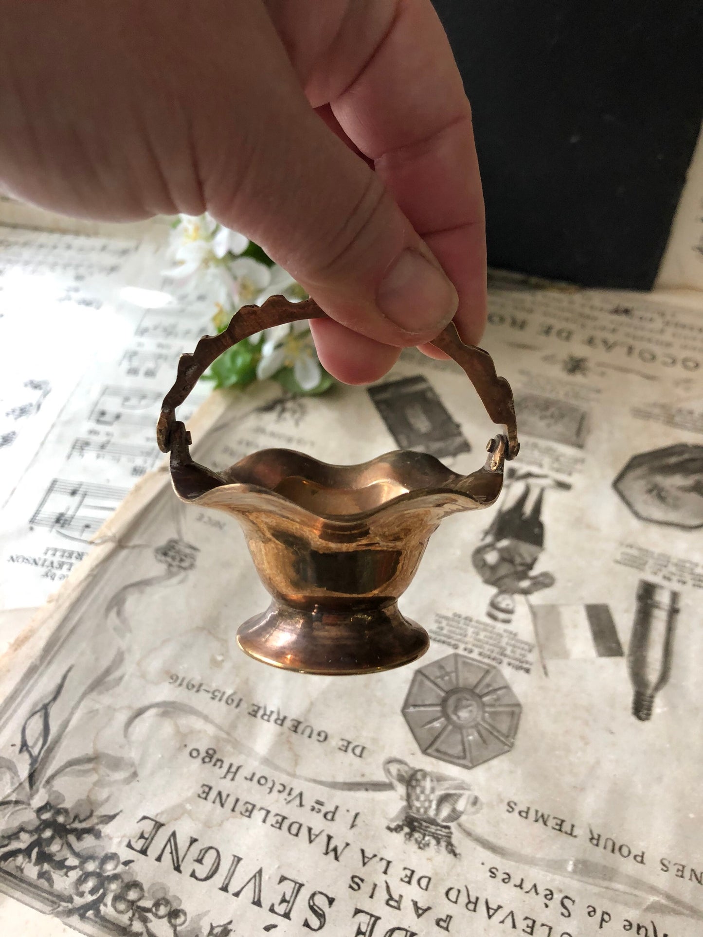 Tiny Vintage Brass Bonbon Basket with Folding Hande