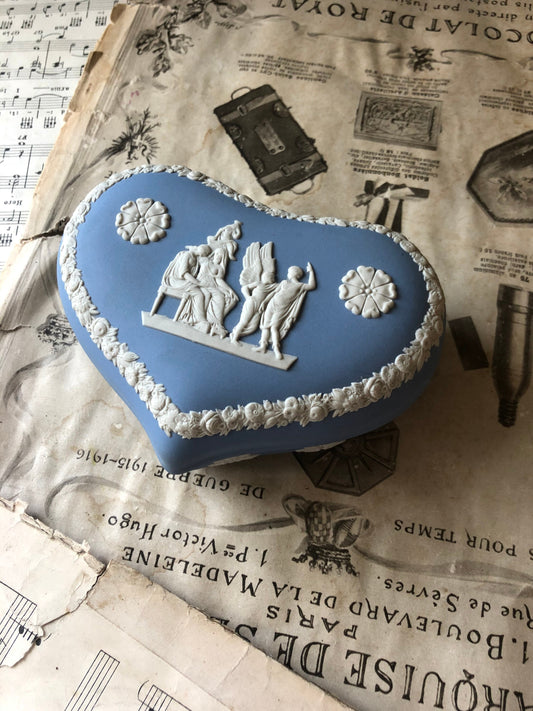 Blue Wedgwood Jasperware Heart Shaped Trinket Pot with Lid / Wedgwood Icarus Blue Jasperware Heart Box / White Relief Icarus & Daedalus