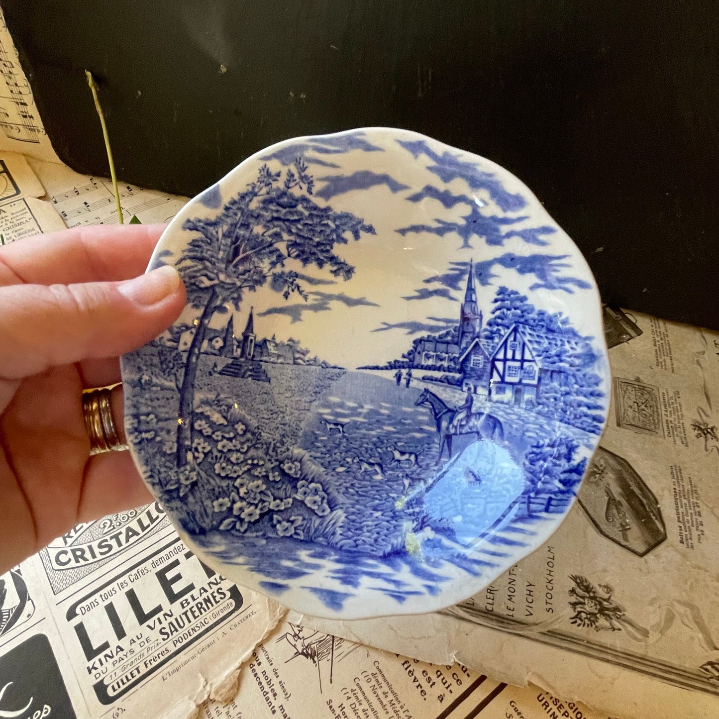 Vintage Blue and White Ironstone Dish with English Scene by British Anchor England / Village Green Range / Est 1864