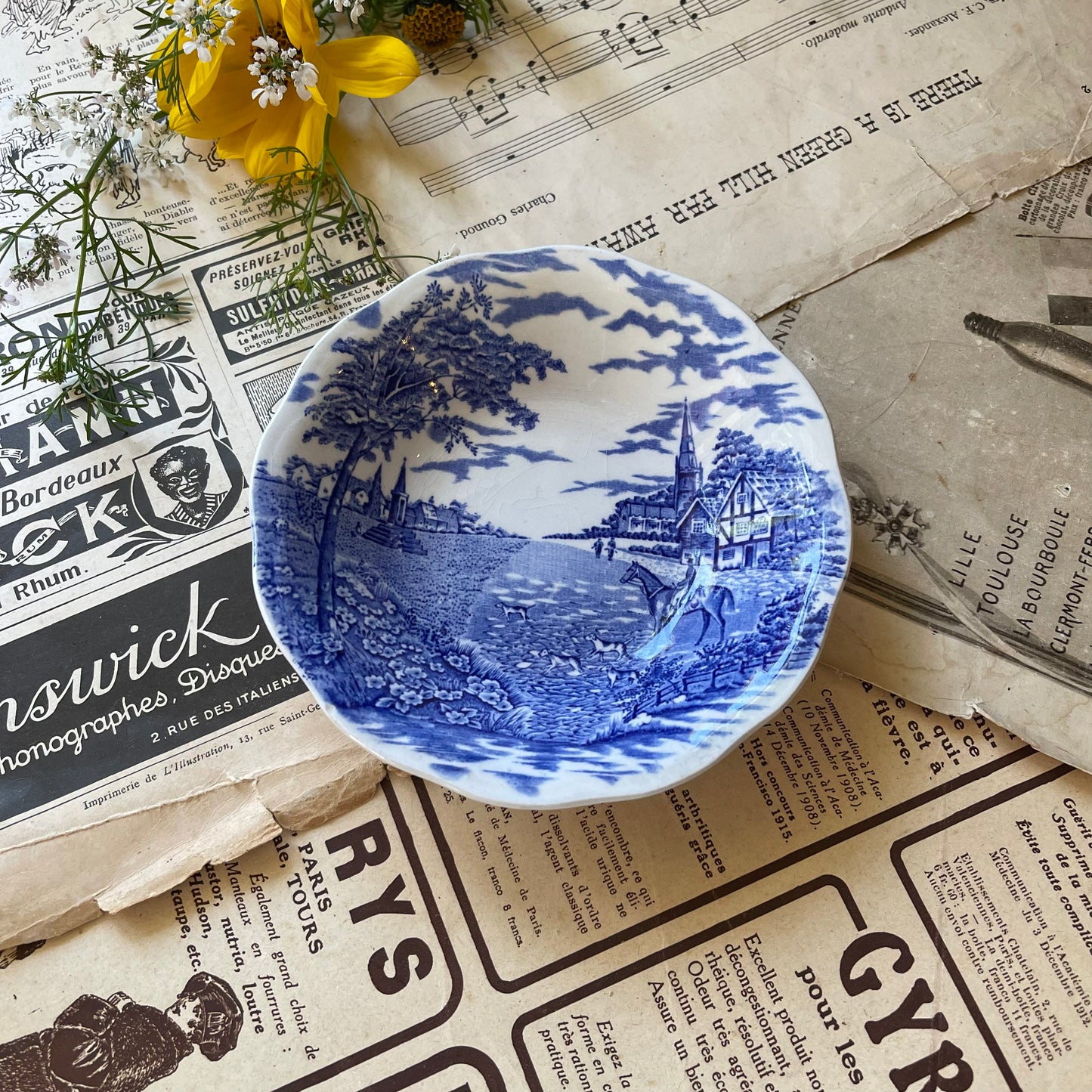 Vintage Blue and White Ironstone Dish with English Scene by British Anchor England / Village Green Range / Est 1864