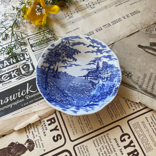 Vintage Blue and White Ironstone Dish with English Scene by British Anchor England / Village Green Range / Est 1864