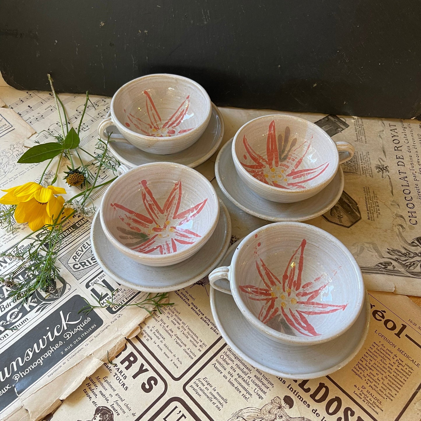 Set of Four Studio Pottery Cups and Saucers