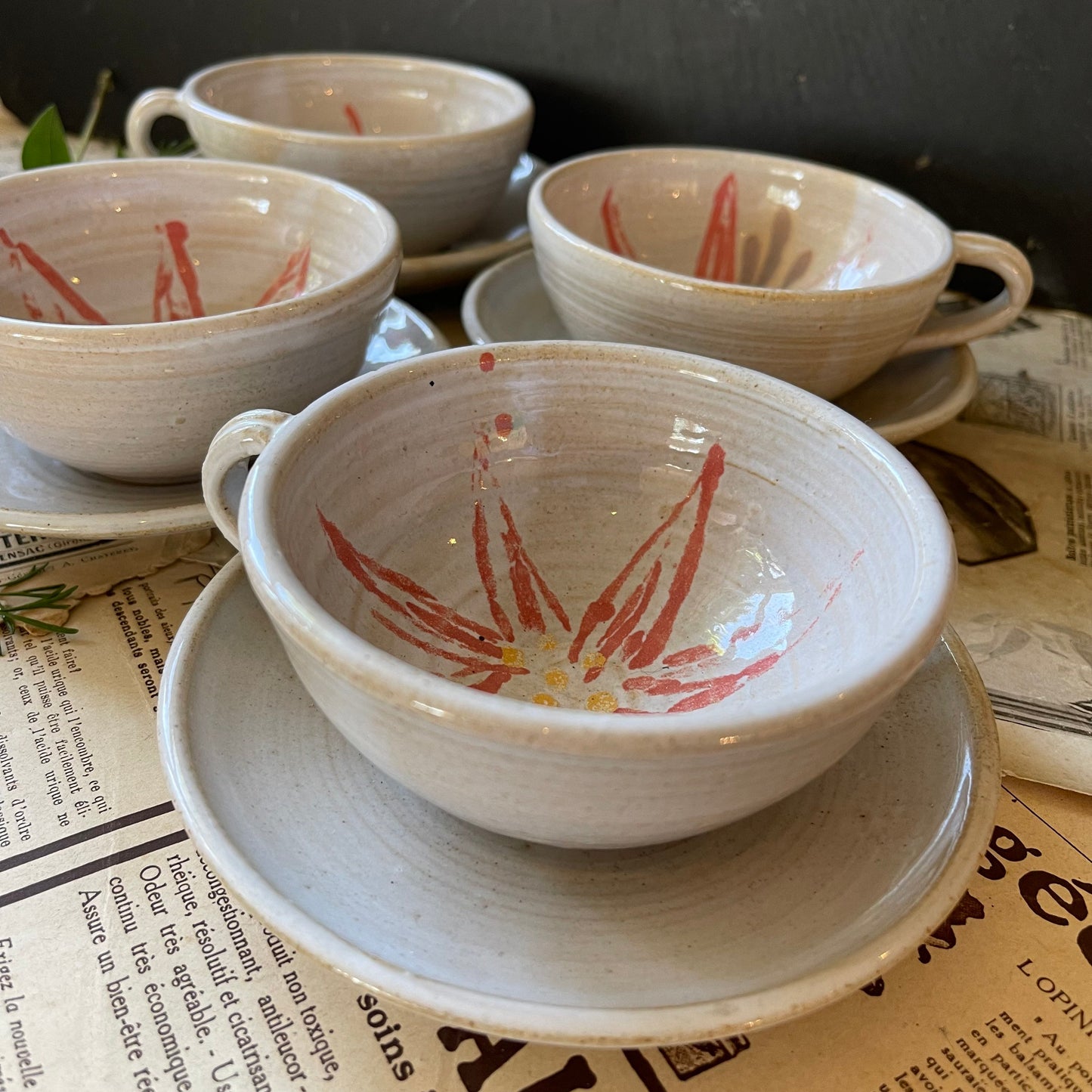 Set of Four Studio Pottery Cups and Saucers