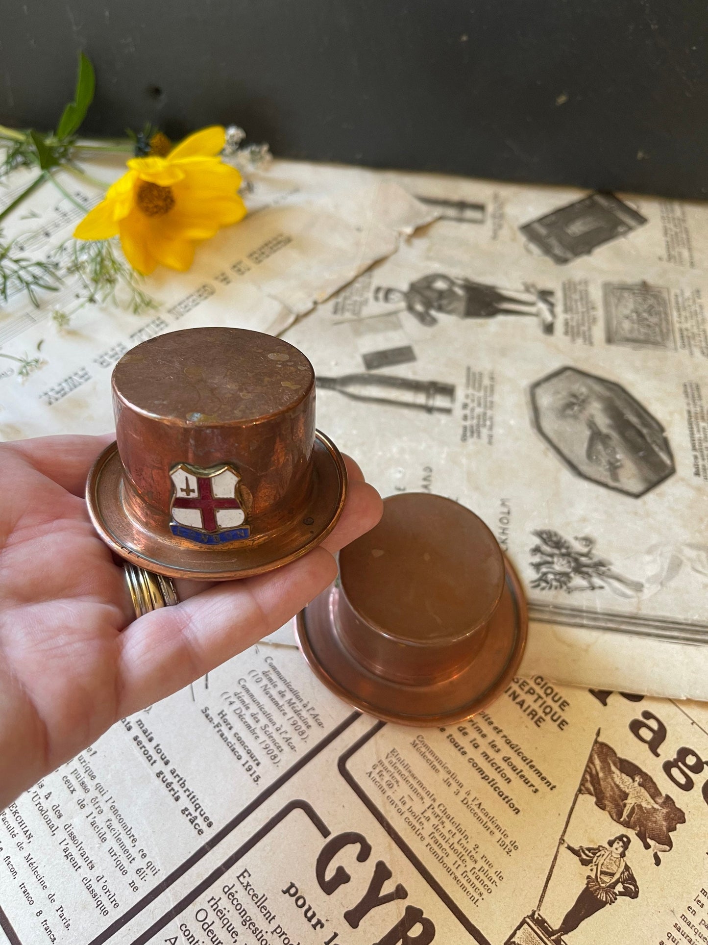 Two Vintage Souvenir Copper Top Hats with Enamel Badges / England / Shakespeare / English Memorabilia