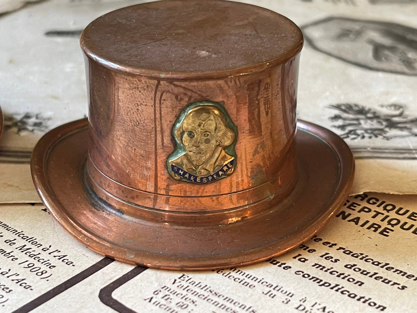 Two Vintage Souvenir Copper Top Hats with Enamel Badges / England / Shakespeare / English Memorabilia