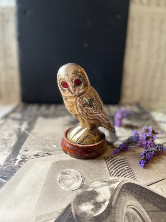 Vintage Brass Owl Figurine with Red Eyes on a Turned Wooden Base / Model Owl / Owl Statue