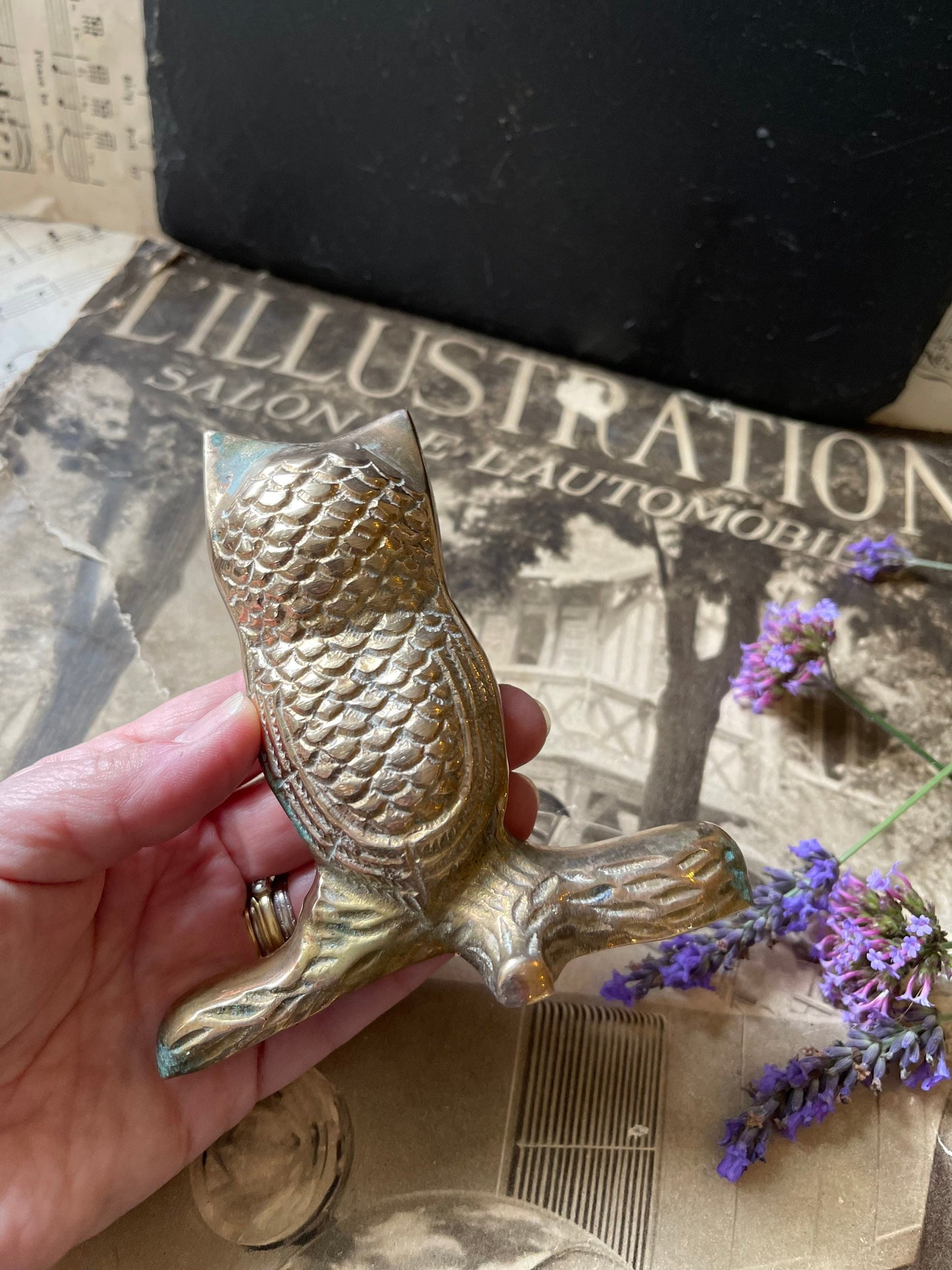 Vintage Brass Owl Figurine Seated on a Branch