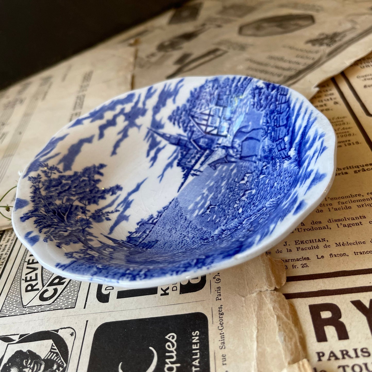 Vintage Blue and White Ironstone Dish with English Scene by British Anchor England / Village Green Range / Est 1864