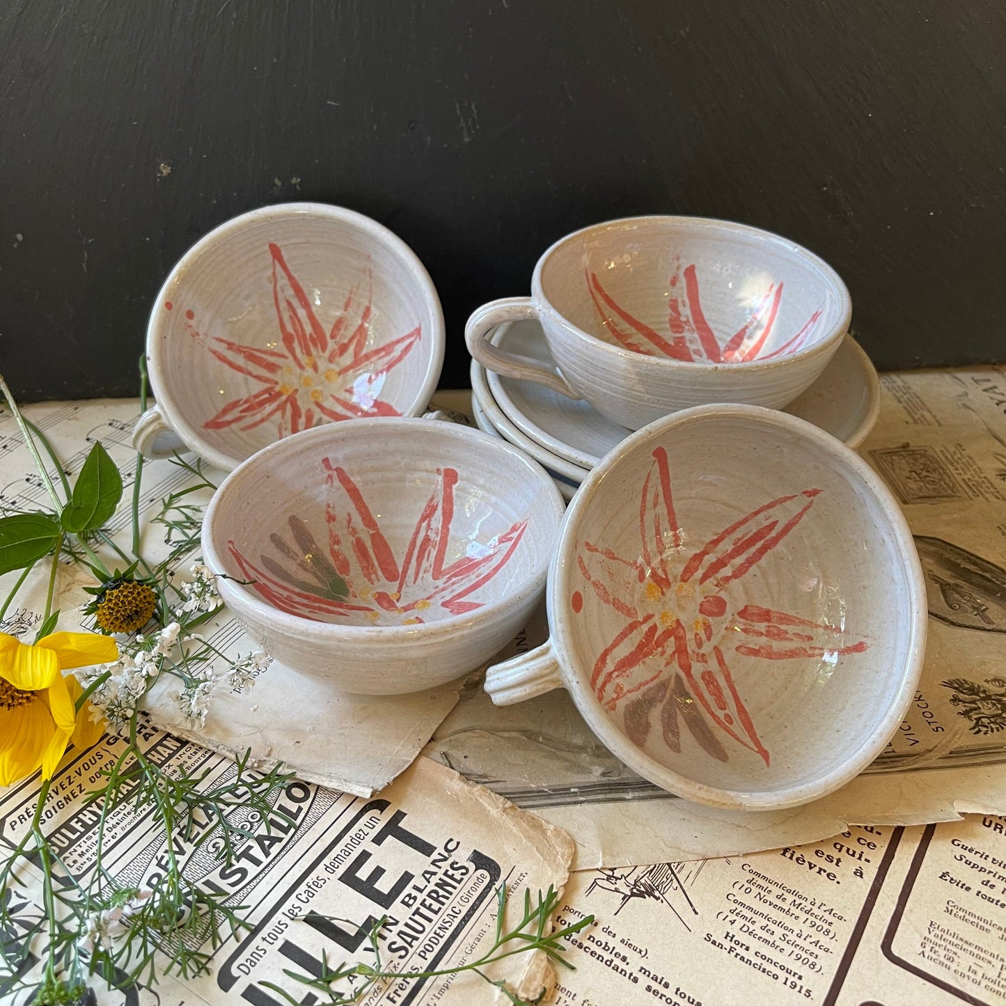 Set of Four Studio Pottery Cups and Saucers