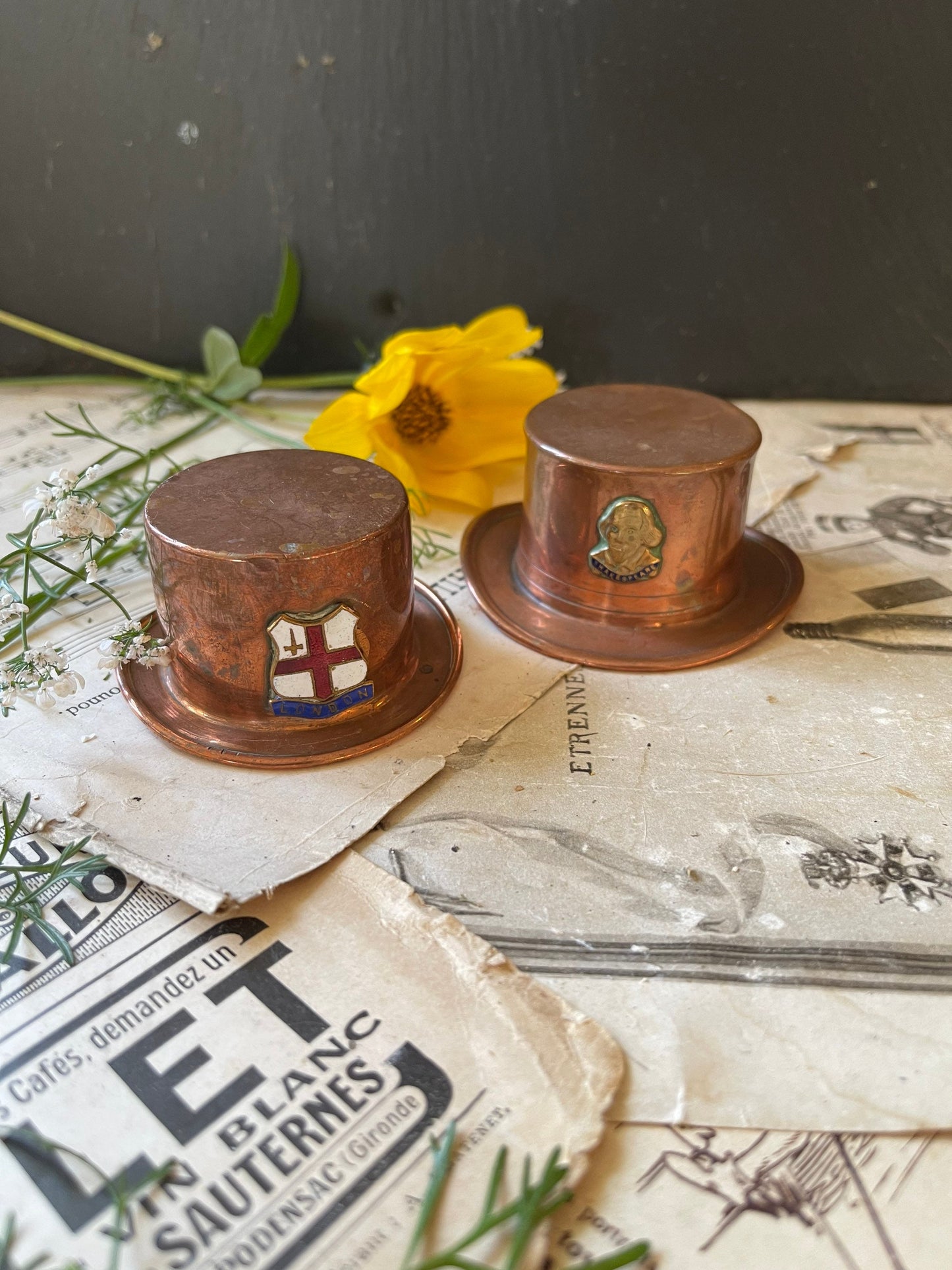 Two Vintage Souvenir Copper Top Hats with Enamel Badges / England / Shakespeare / English Memorabilia