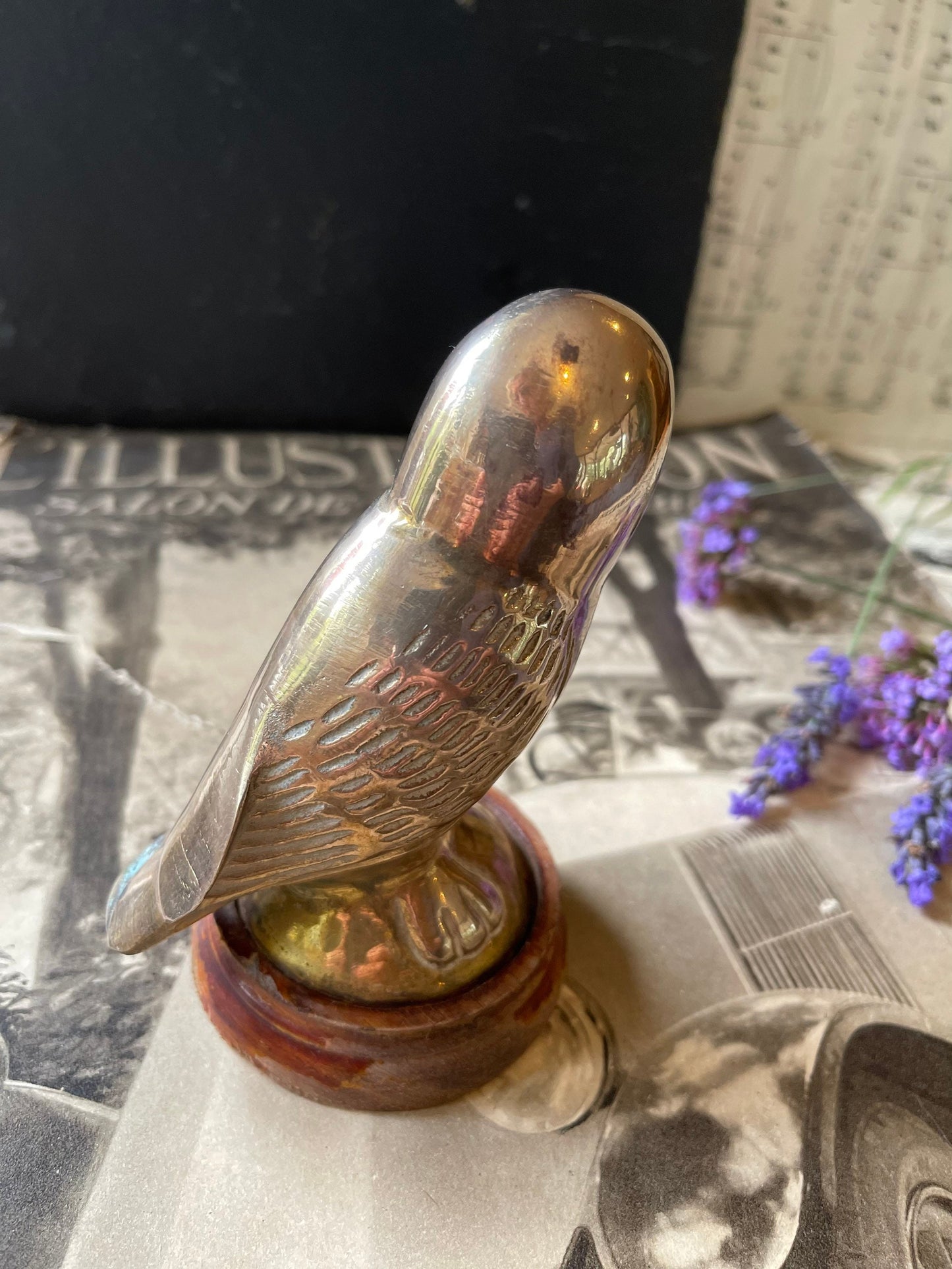 Vintage Brass Owl Figurine with Red Eyes on a Turned Wooden Base / Model Owl / Owl Statue