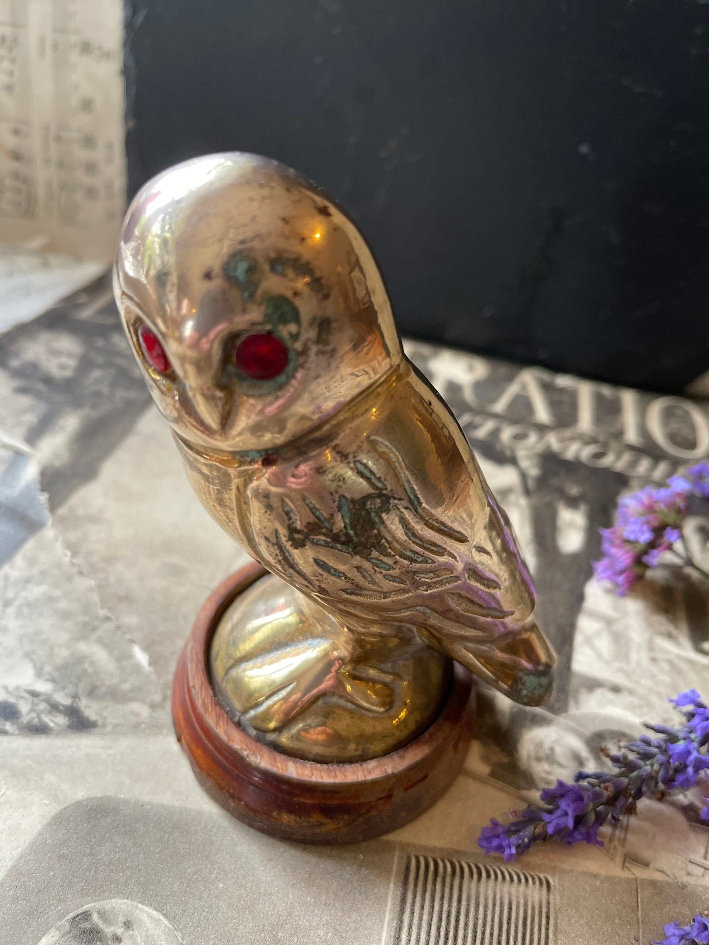 Vintage Brass Owl Figurine with Red Eyes on a Turned Wooden Base / Model Owl / Owl Statue