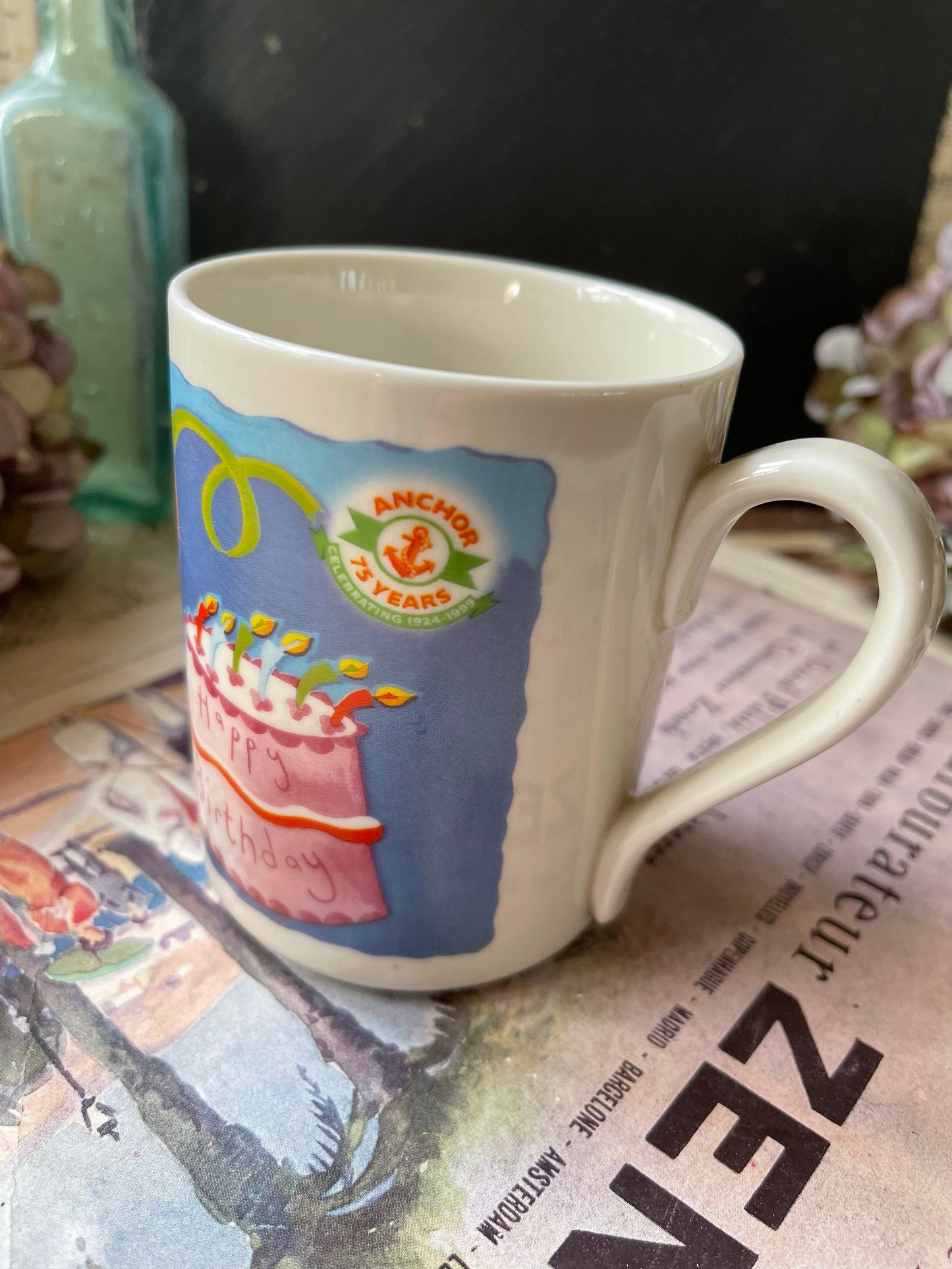 Anchor 75th Anniversary Commemorative Mug with Cow and Birthday Cake Design