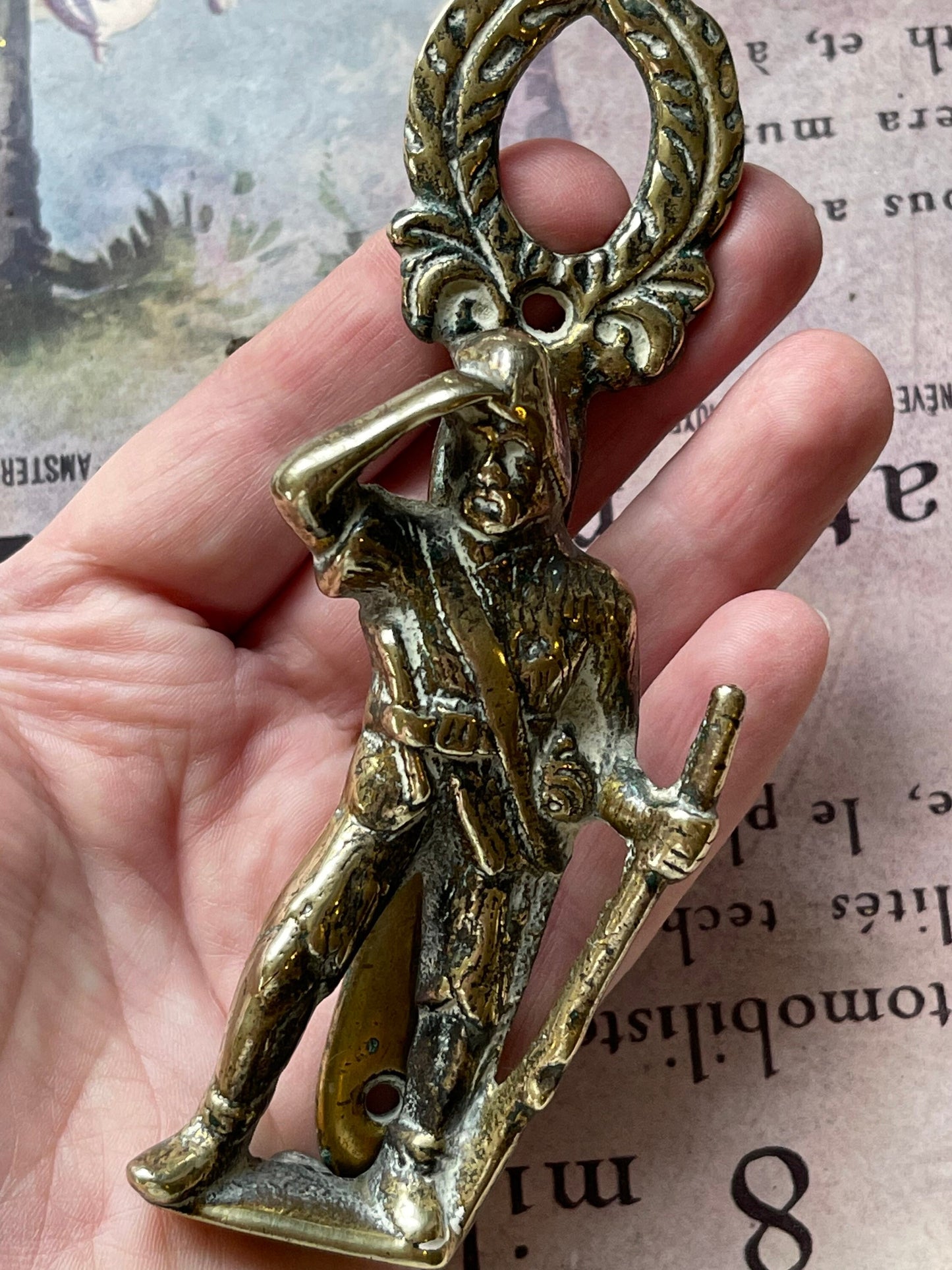 Vintage Brass Door Knocker / Soldier Searching and Holding Rifle / Laurel Wreath Detail