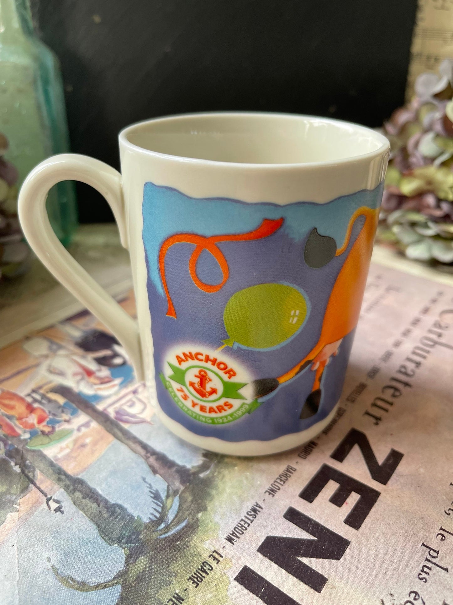 Anchor 75th Anniversary Commemorative Mug with Cow and Birthday Cake Design