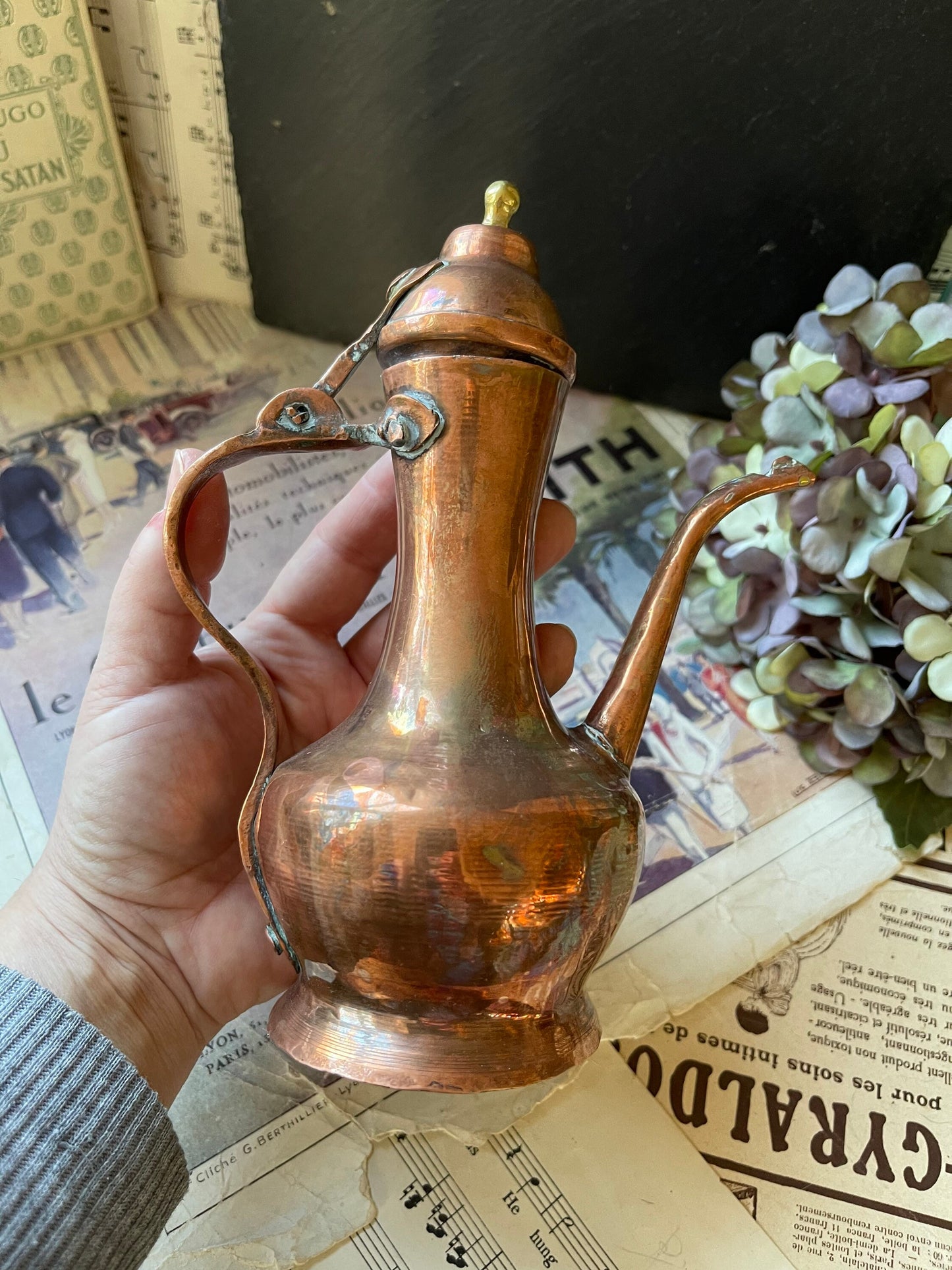 Small Antique Late 19C Copper and Brass Islamic Arabic Handmade Aftaba / Coffee Pot / Water Ewer