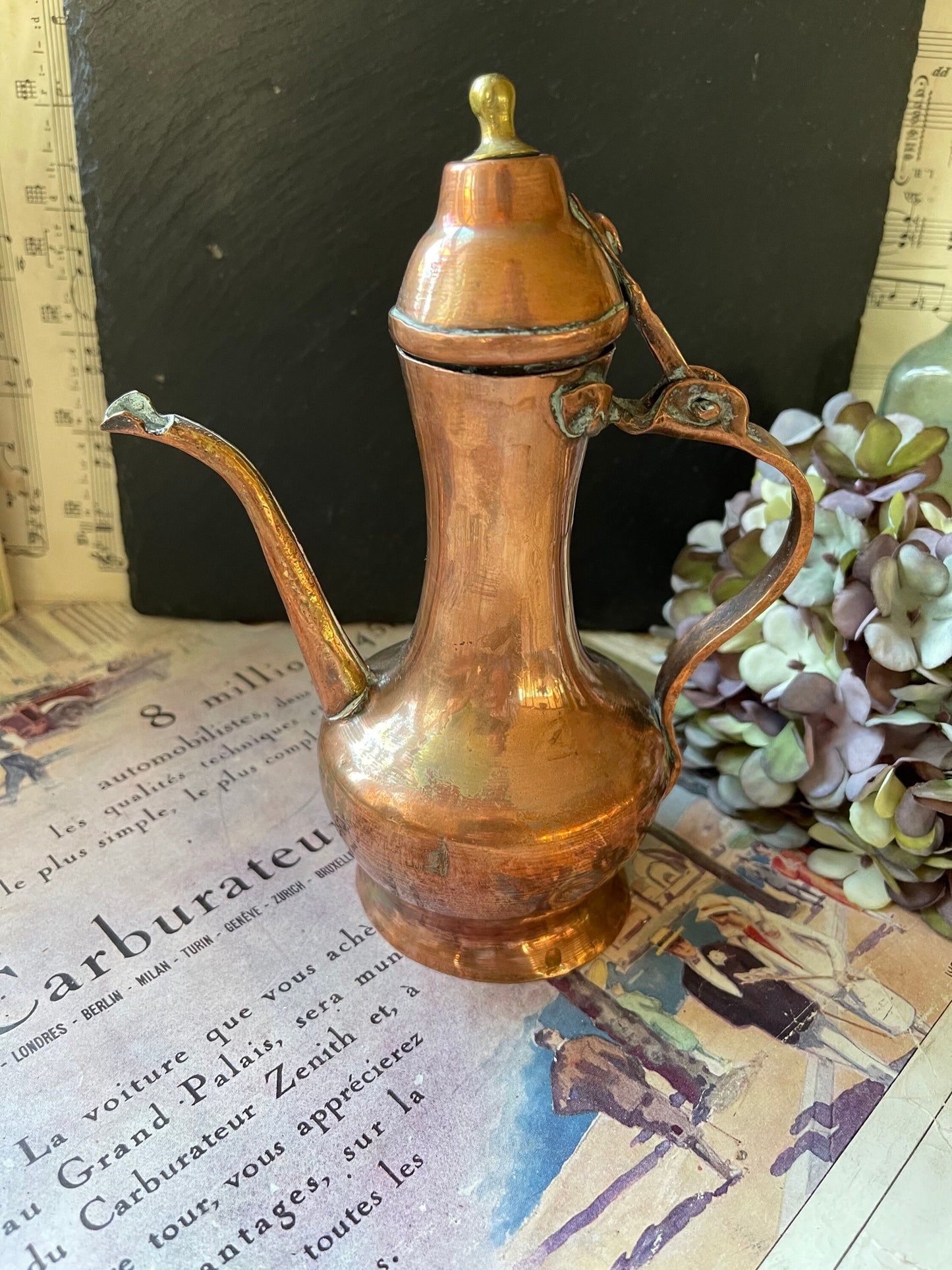 Small Antique Late 19C Copper and Brass Islamic Arabic Handmade Aftaba / Coffee Pot / Water Ewer