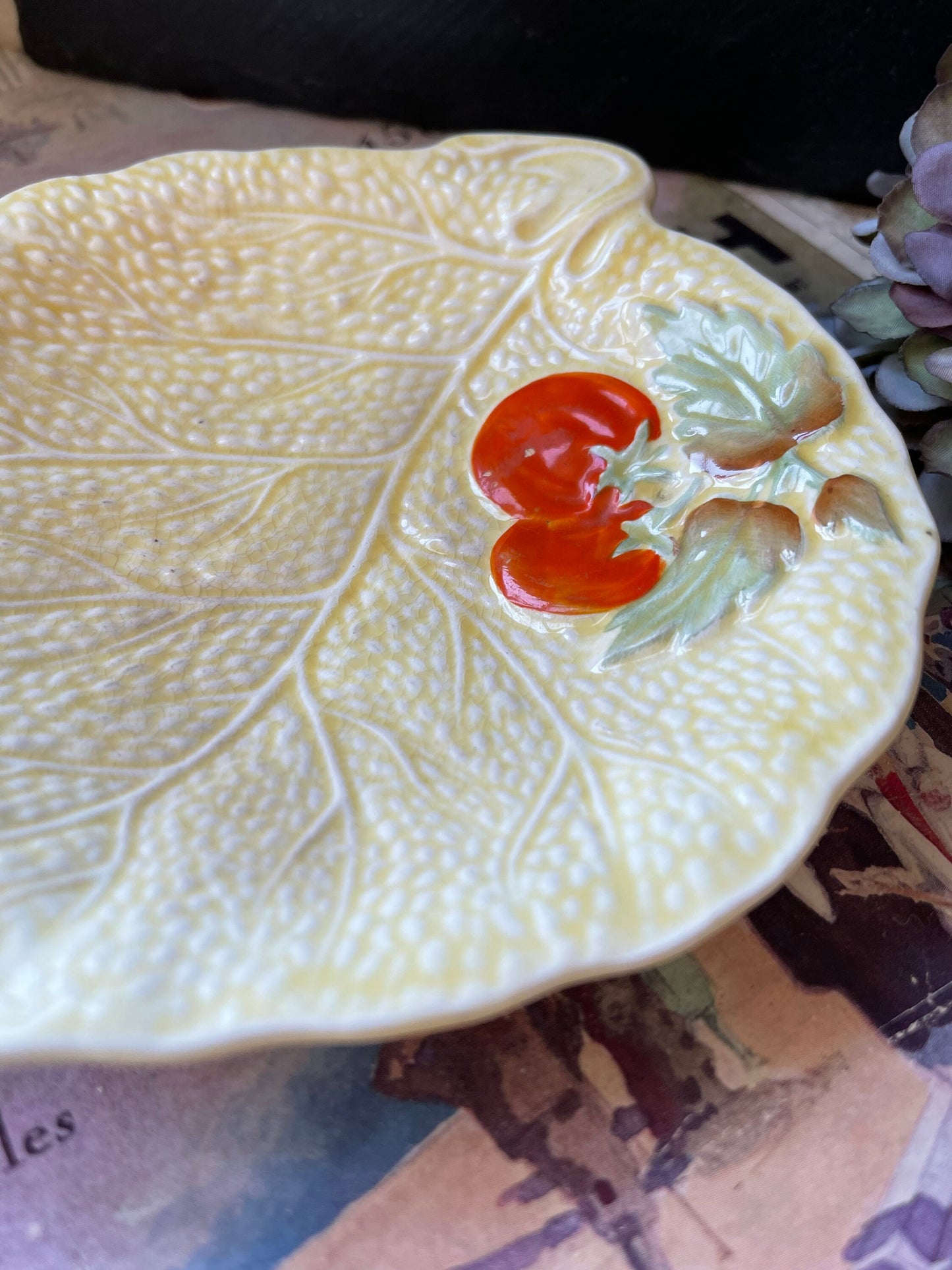 Devon Ware Fielding's Lettuce Leaf Dish in a Primrose Yellow Glaze with Leaf and Tomato Detail / Hand Painted / Art Deco / Rare