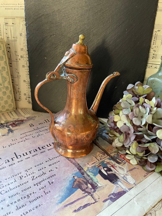 Small Antique Late 19C Copper and Brass Islamic Arabic Handmade Aftaba / Coffee Pot / Water Ewer