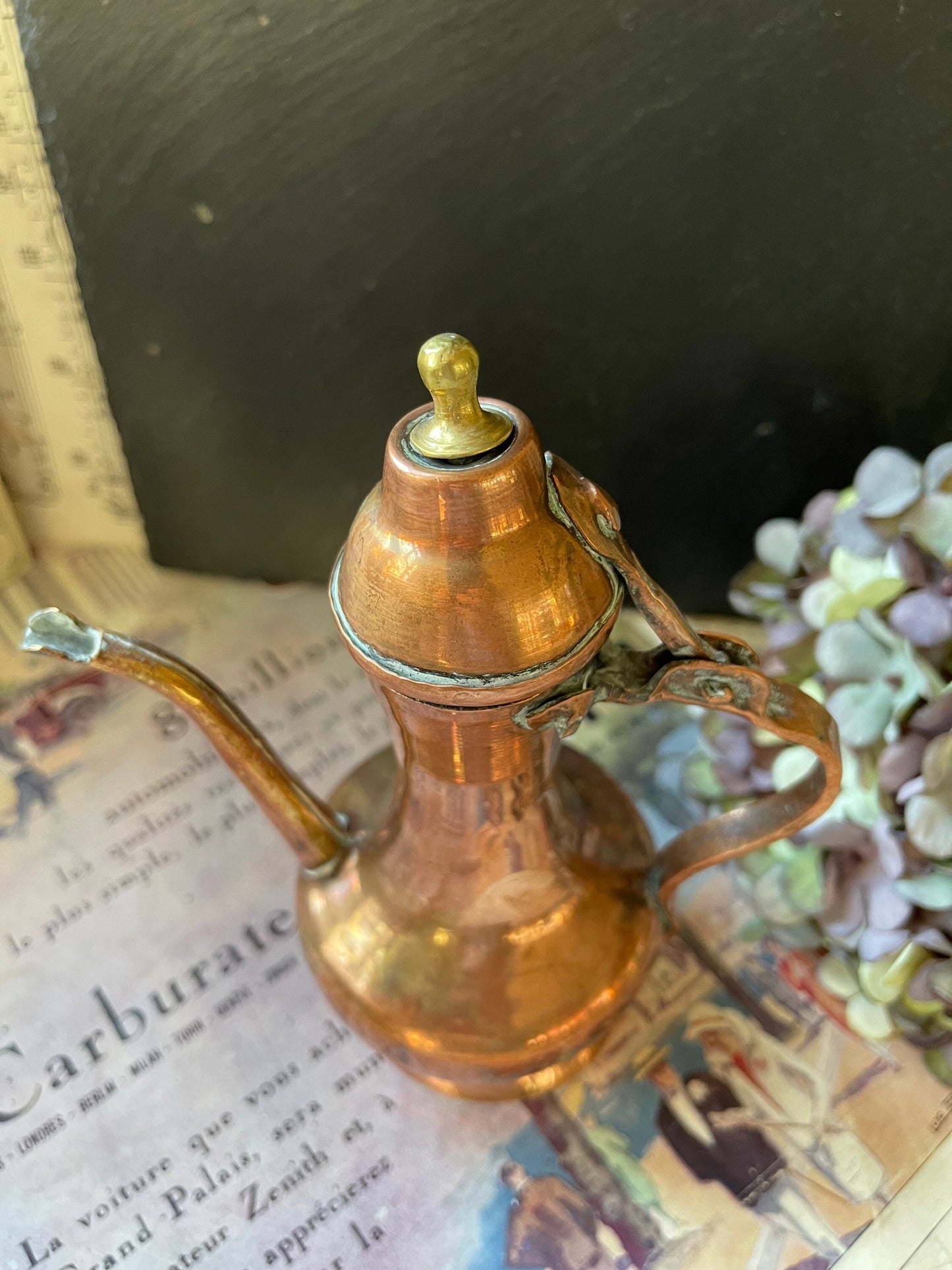 Small Antique Late 19C Copper and Brass Islamic Arabic Handmade Aftaba / Coffee Pot / Water Ewer