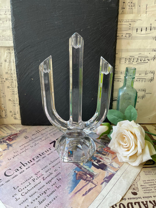 Vintage Art Glass Lead Crystal Three Arm Candle Holder Designed by Marc Aurel for German Brand Nachtmann