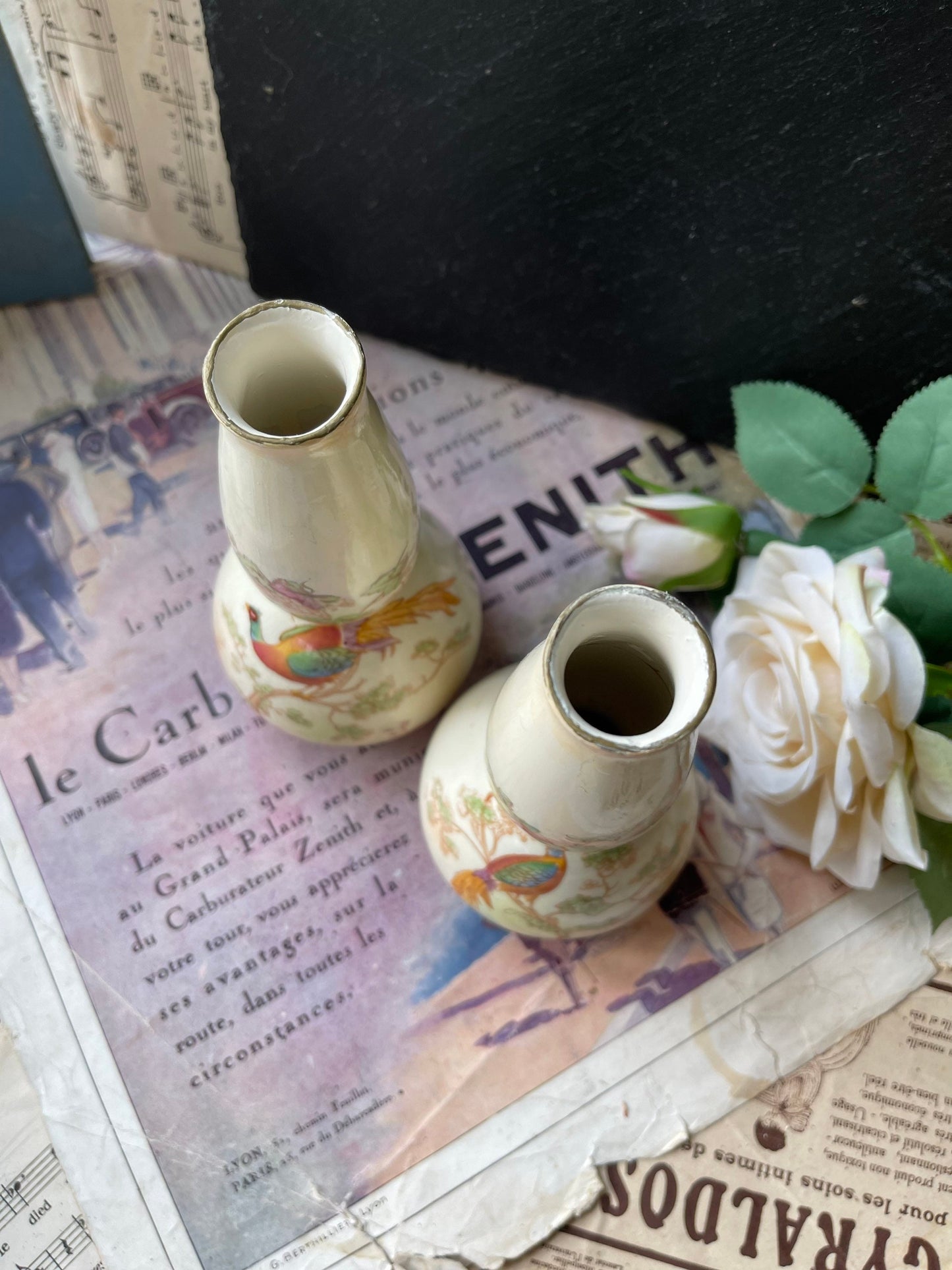 Pair of Crown Ducal Art Nouveau Vases with Asiatic Pheasant Pattern / Avis Pattern A 558 / Blushware Single Stem Rose Vases