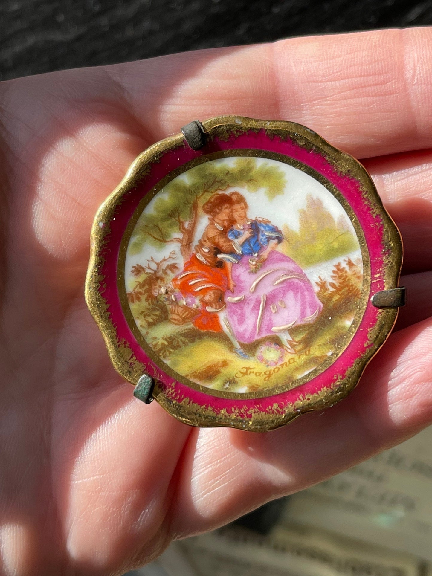 Tiny Limoges Plate / Vintage French Limoges Miniature Display Plate / Deep Red / Romantic Couple Scene / Fragonard