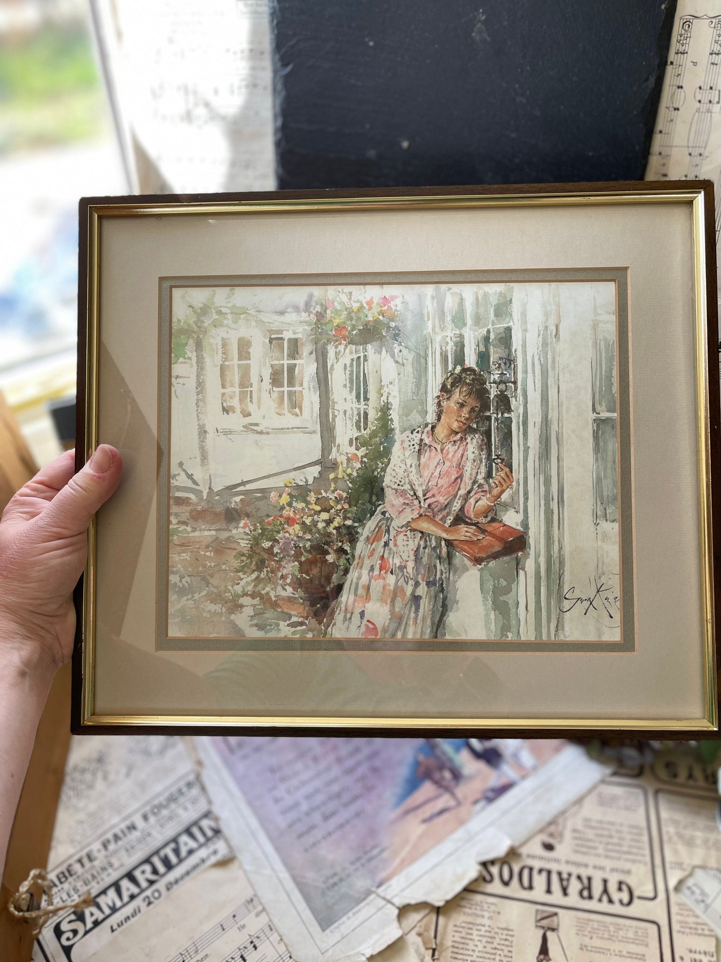 Framed Print of a Watercolour of a Young Woman in a Dress in a Garden