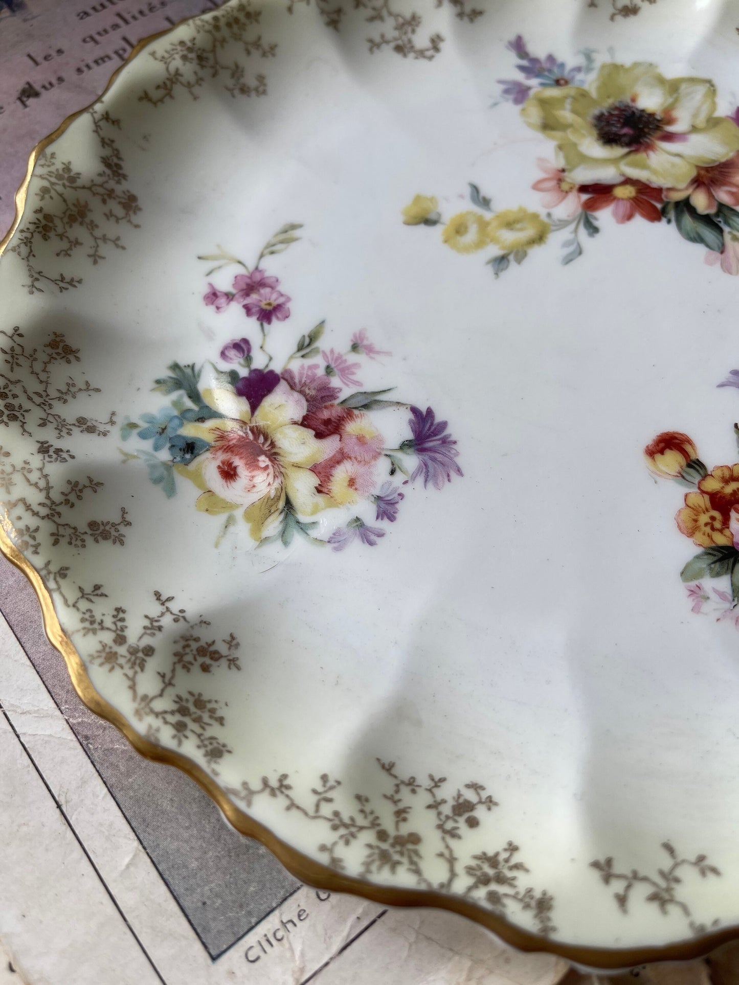 Pretty Antique Victorian  Doulton Burslem Plate / Chintz Pattern / Floral and Gilt / Scallop Edge