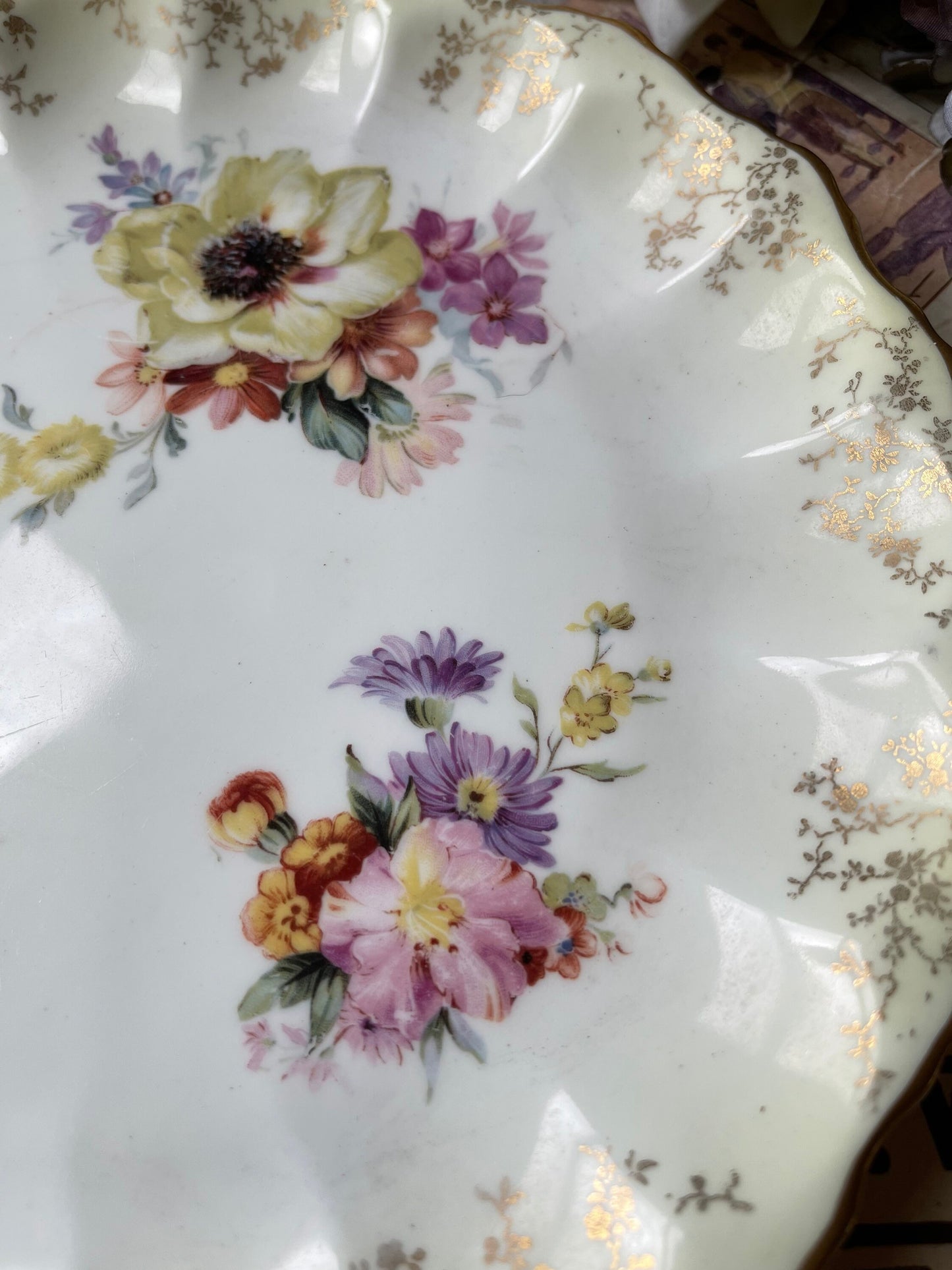 Pretty Antique Victorian  Doulton Burslem Plate / Chintz Pattern / Floral and Gilt / Scallop Edge