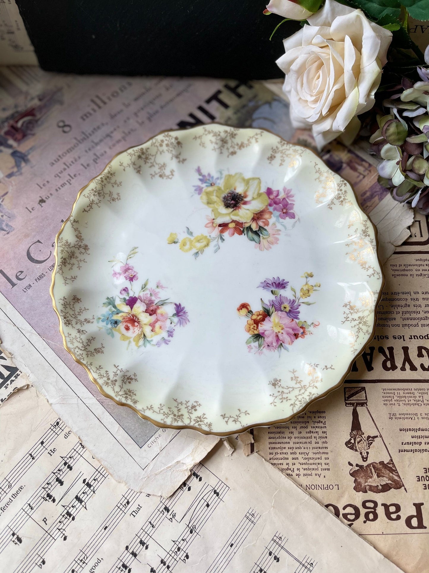 Pretty Antique Victorian  Doulton Burslem Plate / Chintz Pattern / Floral and Gilt / Scallop Edge