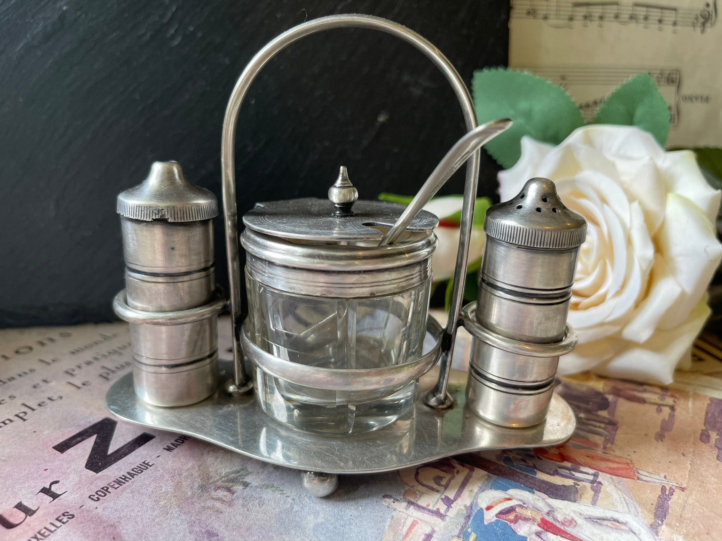 Vintage Silver Plater EPNS and Glass Cruet Set / Condiment Set on Stand with Carry Handle