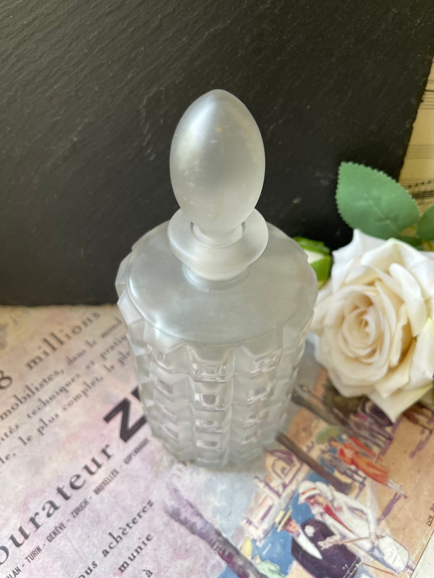 Vintage French Glass Perfume Bottle with Square Faceted Design