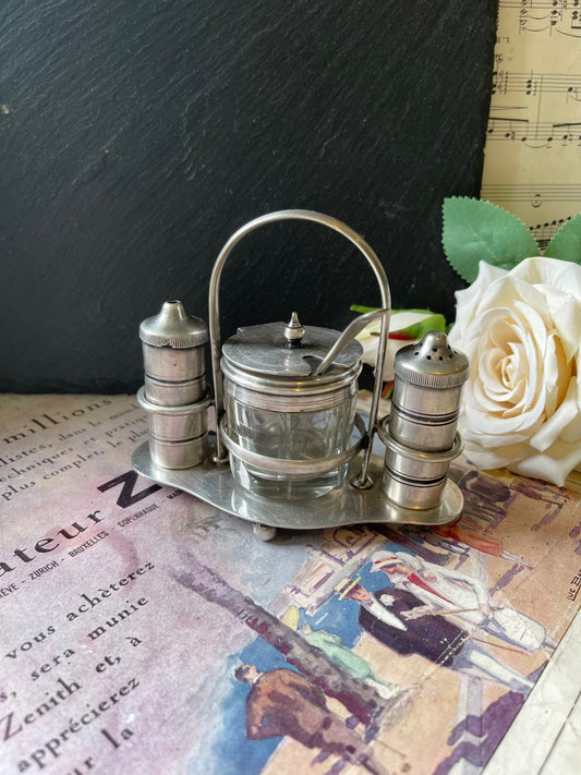 Vintage Silver Plater EPNS and Glass Cruet Set / Condiment Set on Stand with Carry Handle