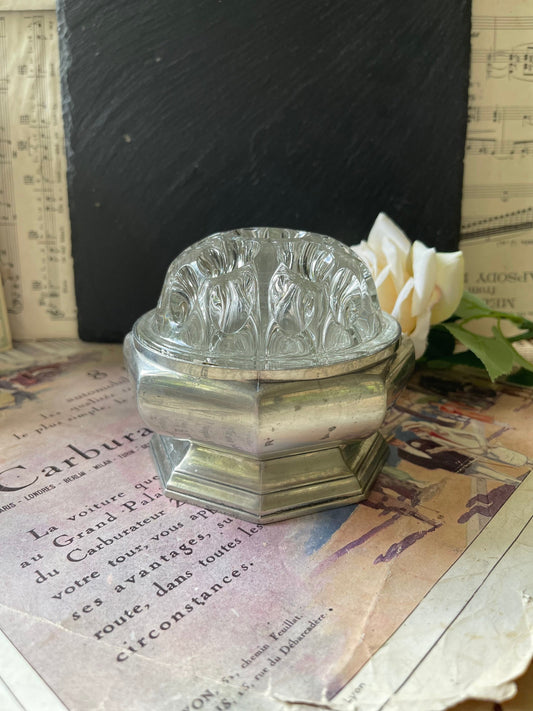 Vintage French Glass Flower Frog in Footed Pewter Holder / Etains du Manoir France / VMC Reims Glass